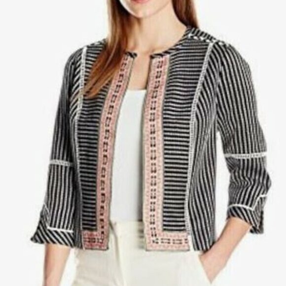 NWOT Rafaella Boho Black & White Jacket w/ Embroidered Trim Size PL Cropped - Picture 1 of 10